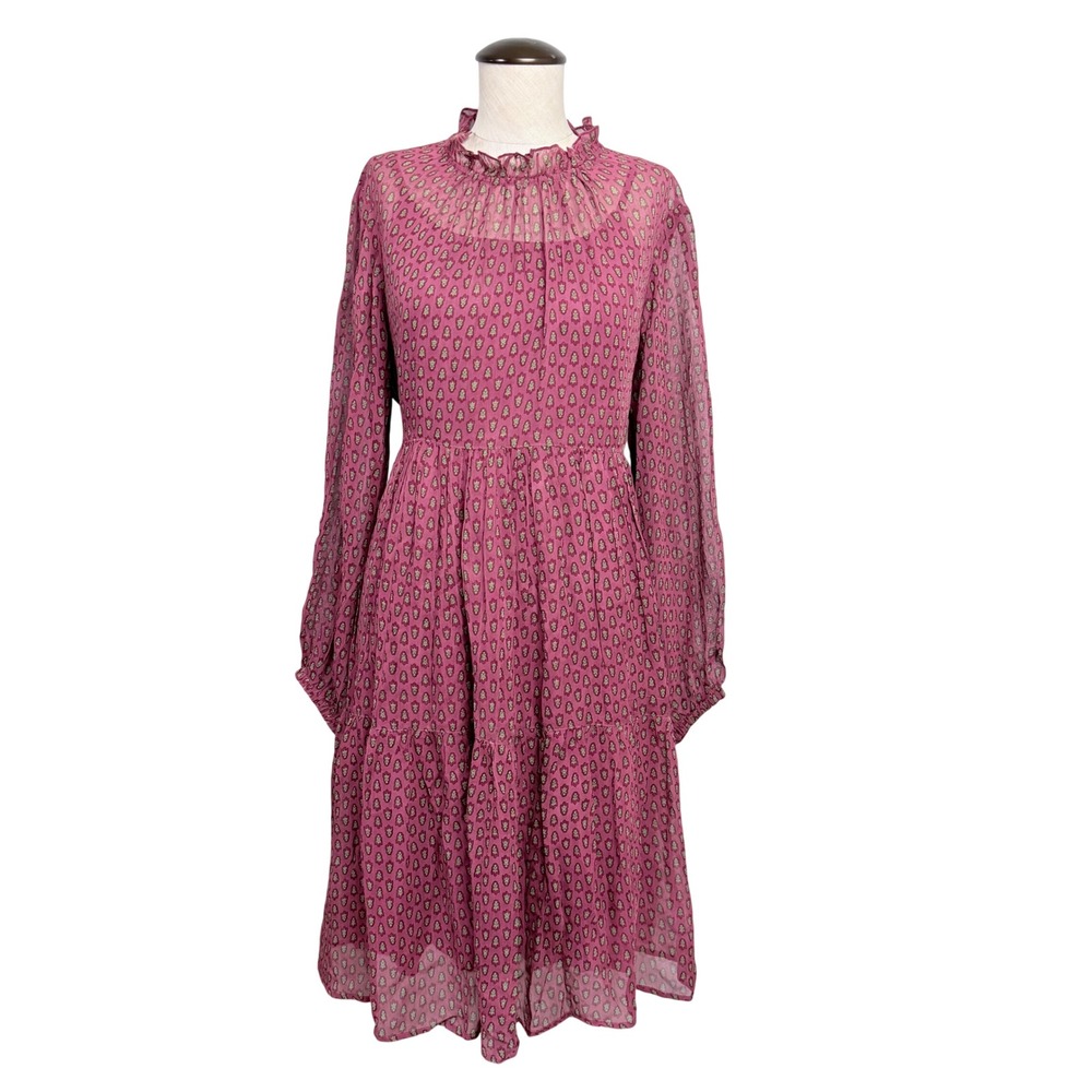 April Cornell Burgundy Geo Floral Print Tiered Midi Dress Slip Long Sleeve M